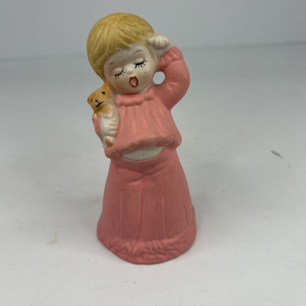 Vintage 1978 Jasco Sleepy Girl Porcelain Bell Yawning with Teddy Bear